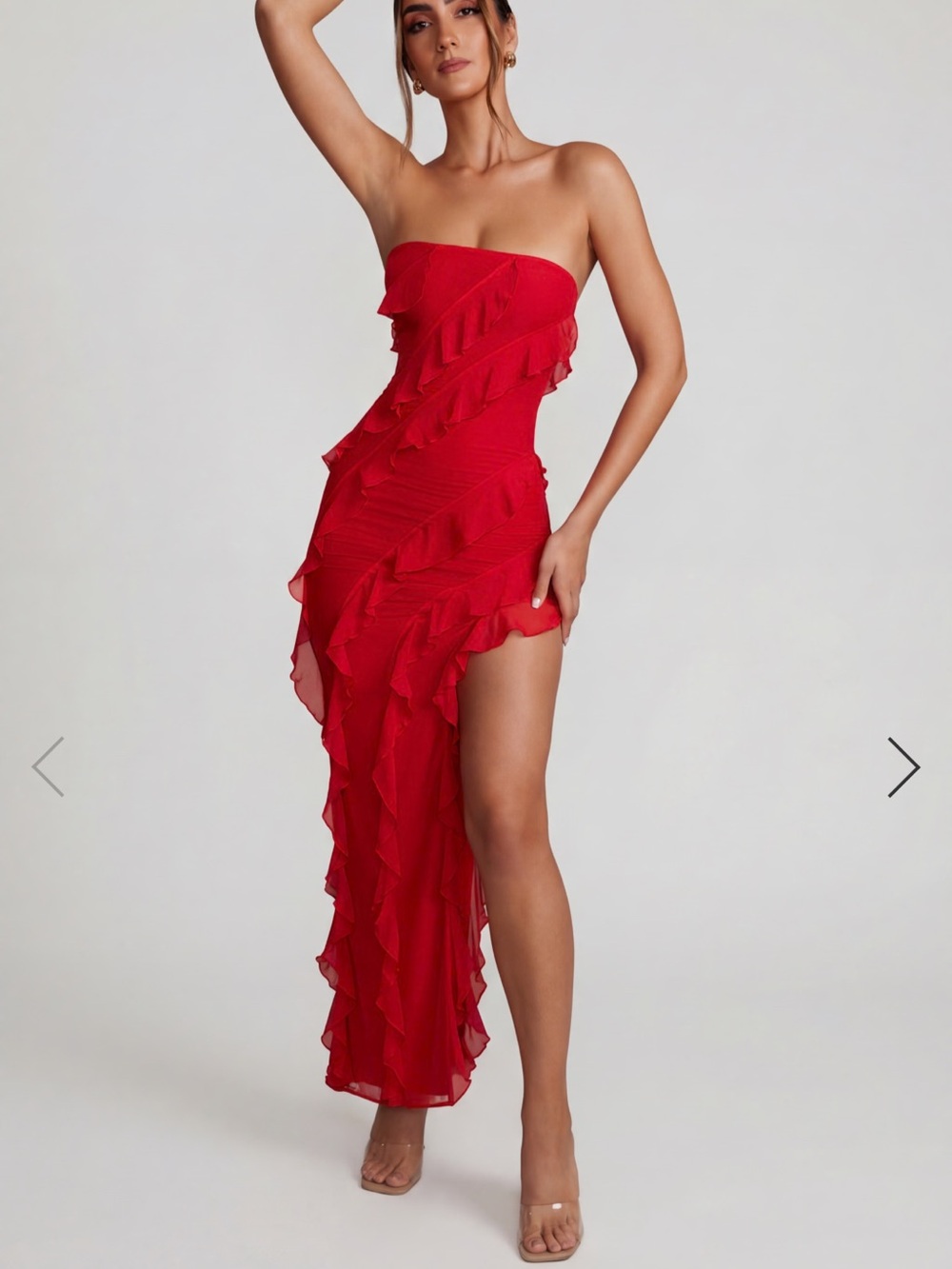 Oh Polly Nevali Red Asymmetrical Ruffle Strapless Dress